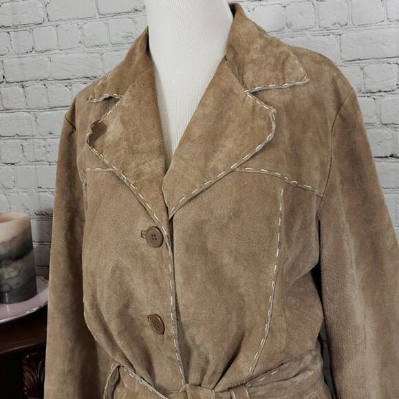Out brook light Brown Leather Coat with tie - Picture 3 of 9